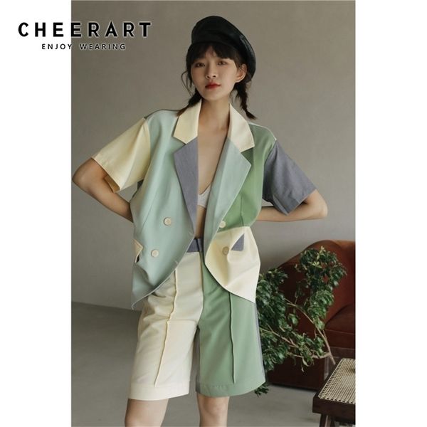 

cheerart color block green summer blazer women short sleeve blazer suit jacket double breasted coat korean 2020 fashion lj201212, White;black