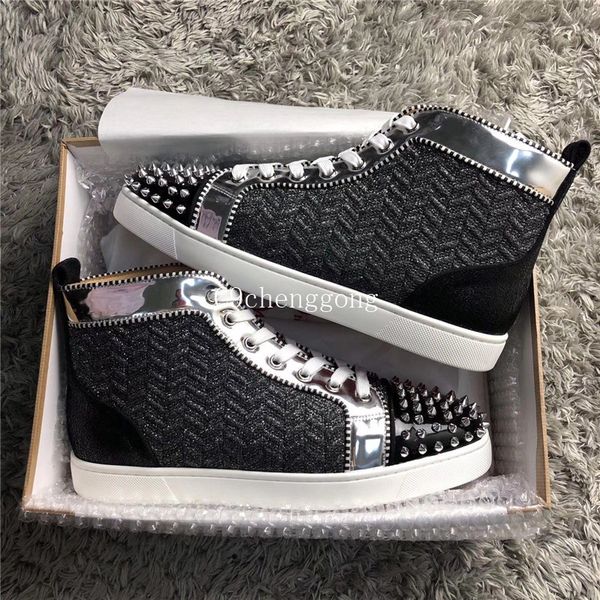 

2020 brand glitter leather with spikes sneakers high red bottom sneaker famous men studs casual walking with box,eu35-47, Black