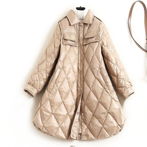 

fall / winter 2020 women's lapel plaid stitching pockets long plus size cape style warm 90% white duck down coat jacket, Black