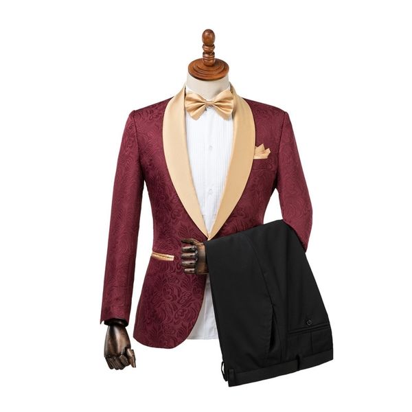 Gwenhwyfar jaqueta calças design tuxedos noivo um botão borgonha ouro xaile lapela costume feito formal melhor homem homens terno de casamento 201105