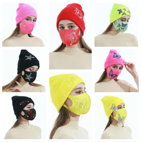 

7 цветов женщины вязаные шляпа буквы звезды бабочка алмазные дизайнеры зима теплая шляпа шляпа ледяной шелкография маска для лица открытый л, Yellow