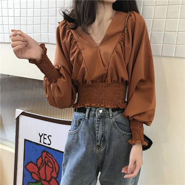 

women's cropped shirts solid color puff sleeve blouses woman 2020 v-neck autumn girls pleated blouse vintage satin shirt 1, White