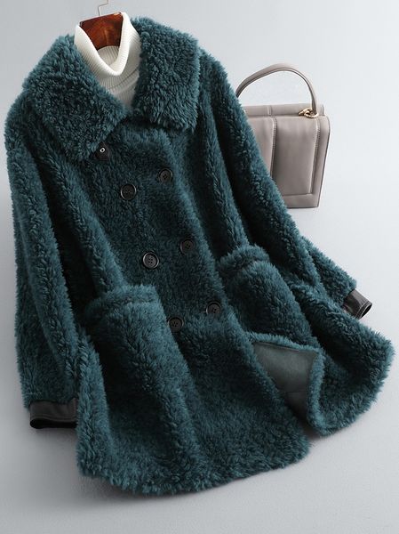 

2020 new fleece sheepskin fur coat womens mid-length haining lamb wool fur and leather overcoat, Black