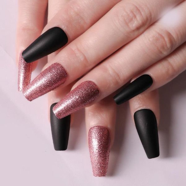 

24pcs press on nails coffin elegant black rose gold jump color manicure patch wearable full cover fake nail tips for girls, Red;gold