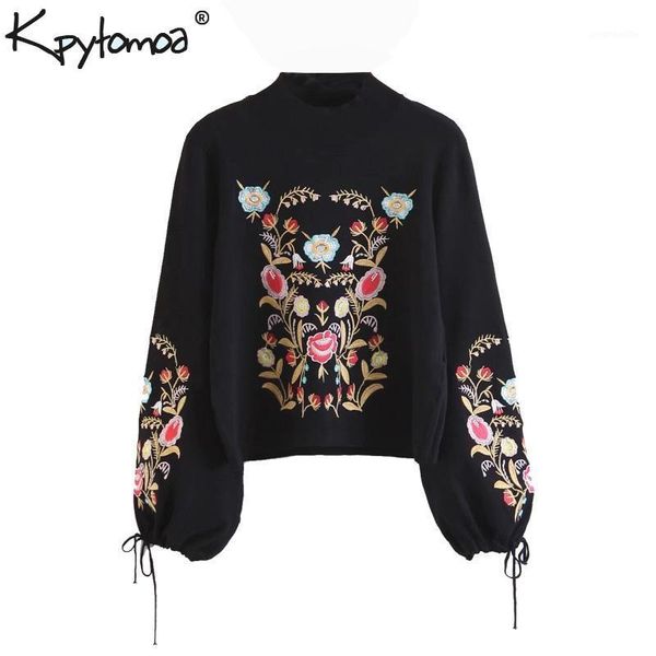 

vintage chic floral embroidery knitted sweater women 2020 fashion turtleneck bow tie sleeve ladies pullovers casual pull mujer1, White;black