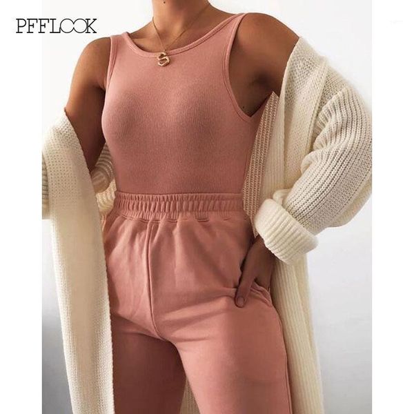 

pfflook casual pink two piece set women 2020 vest sleeveless and elastic waist long pants set solid o neck sports1, Gray