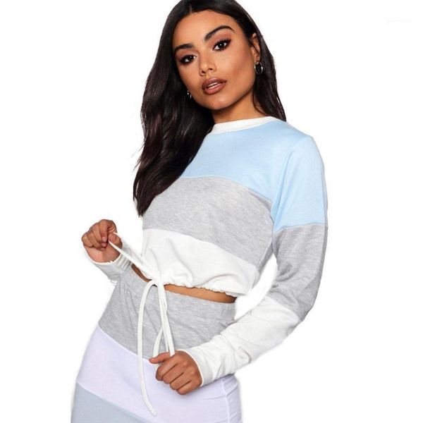 

women's tracksuits woman casual 2 piece set patchwork o neck long sleeve drawstring crop and mini skirt striped print two outfit1, Gray