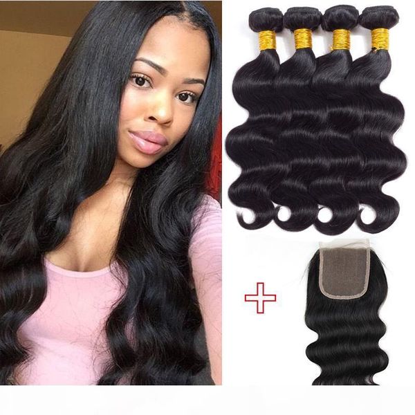 

unprocessed brazilian body wave human hair wefts 4 bundles with closure peruvian malaysian indian remy ponytail hair extensions new arrival, Black