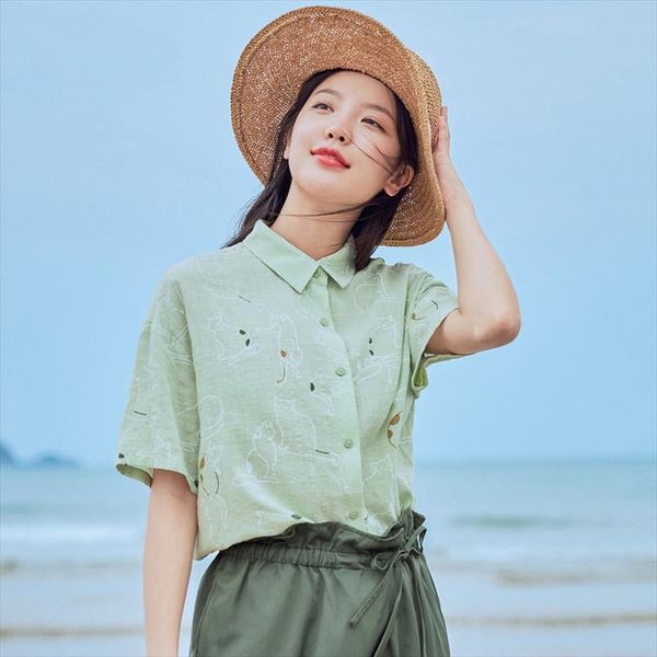 

inman 2020 summer new arrival lapel funny vintage hongkong style print loose short sleeve blouse drop shipping, White