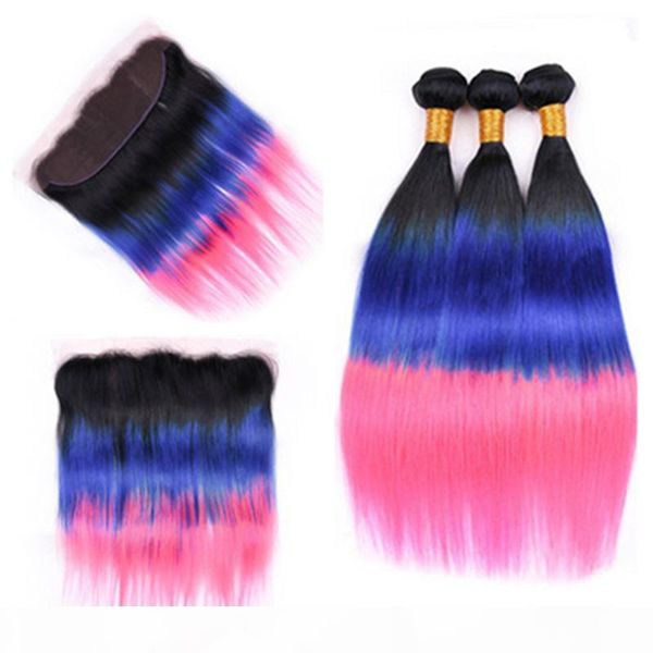 

straight #1b blue pink ombre full lace frontal closure 13x4 with 3 bundles virgin brazilian three tone ombre human hair weaves extensions, Black;brown