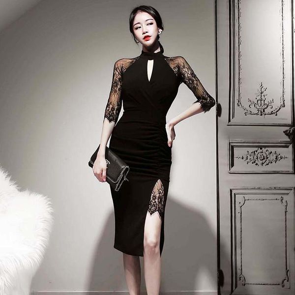 

new arrival stand collar slim women dress1, Black;gray