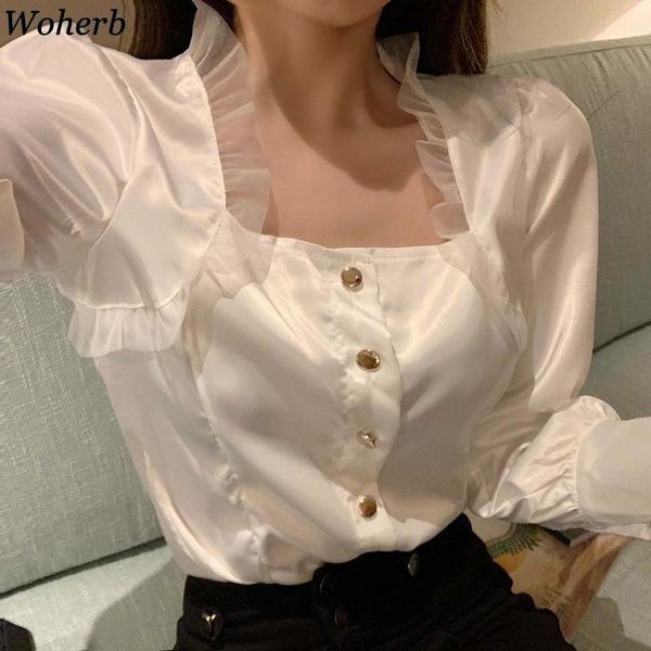 

woherb elegant button long sleeve blouse lace shirt women lantern sleeve female partywear ladies 2020 slim blusas femininas1, White