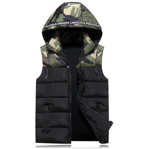 

winter cotton vest for men camouflage autumn casual male classic warm thick hooded sleeveless jacket college waistcoat kids 201120, Black;white