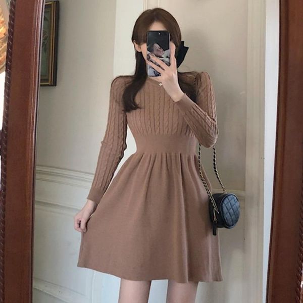

casual dresses autumn winter sweater dress women a-line solid high waist knitted vestidos 2021 elegant korean mini, Black;gray