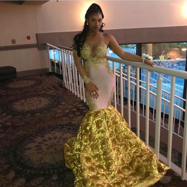 

2021 new african mermaid a shoulder golden flowers prom sheer sleeves frizzy girly extensions formal party dress ndxj, White;pink