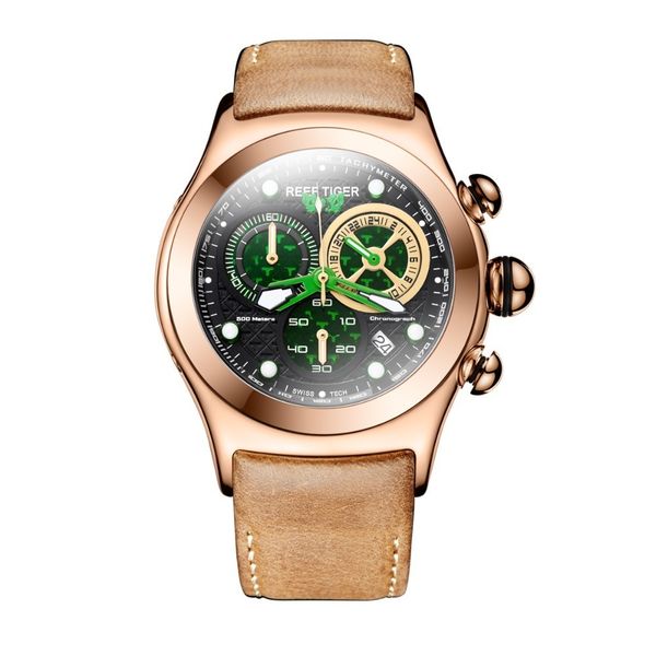 

reef tiger/rt fashion sport watches for men green skeleton luminous quartz watches brown leather strap relogio masculino rga782 t200409, Slivery;brown