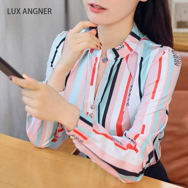 

lux angner 2021 summer fashion new shirt female loose student blouse stripes printed long-sleeved shirt wild bottoming, White