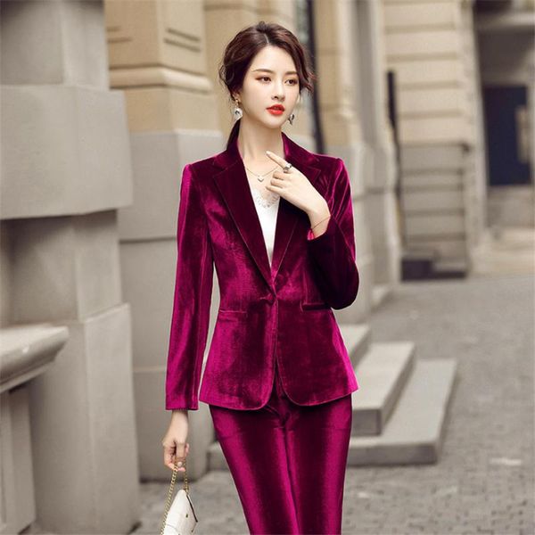 

women's two piece pants golden velvet business ladies uniform suits for women office wear sets 2 pieces trouser plus size work, White