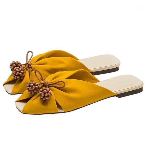 

sandals women's spring/summer 2021 bow ball decorated with yellow temperament joker wearing flat and slippers1, Black