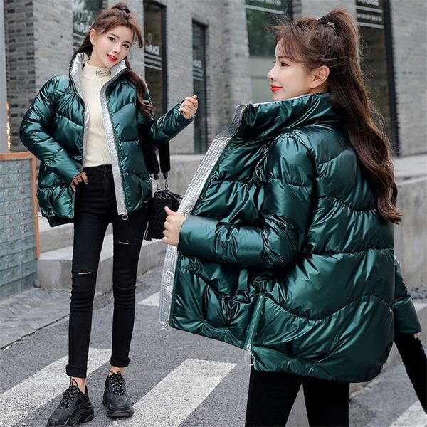

women's shiny winter jacket parka bread winter coats down stand-up collar padded stand collar loose bread jacket 201217, Black