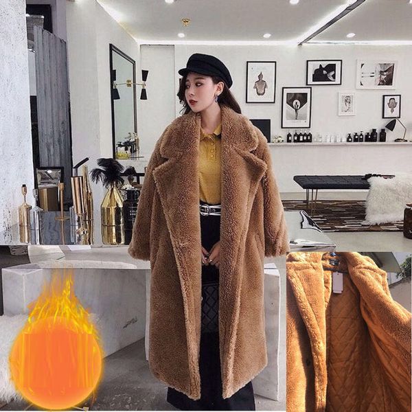 

female 2020 faux high plus women lamb luxury x-long fur coat lapel overcoat size warm coats thick winter plush quality qcfhu, Black