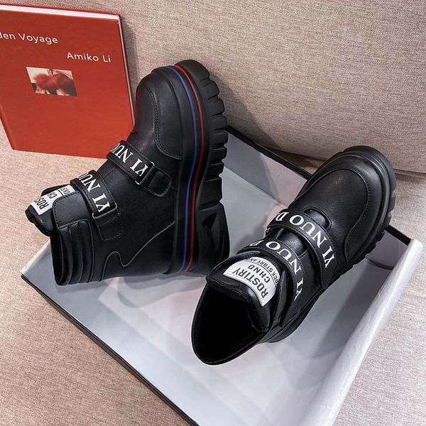 

2021 new female fashion autumn leather boots classic punk-style high-sneakers six inches into teddy cotton shoes mn3l, Black