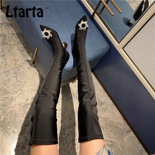 

boots ltarta 2021 sunflower rhinestone pointed toe high heel stretch over-the-knee large size 35 to 42 -1630-5, Black