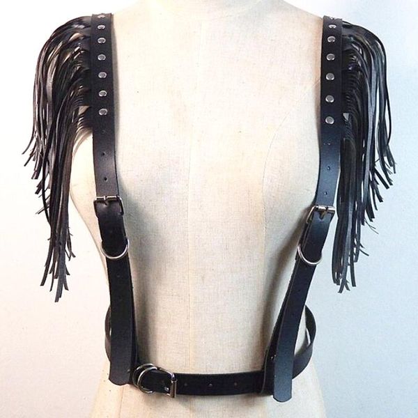 

2020 new fashion punk women faux leather belt body bondage sculpting harness waist belt straps suspenders tassel belts, Black;brown