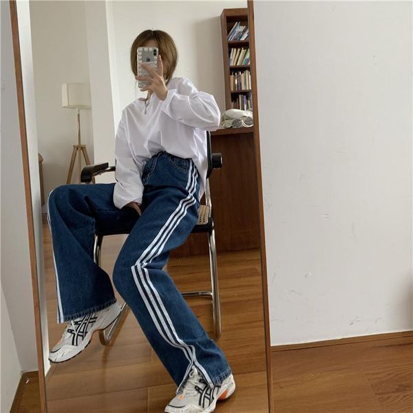 

woman slit striped high waist denim jeans pants, Blue