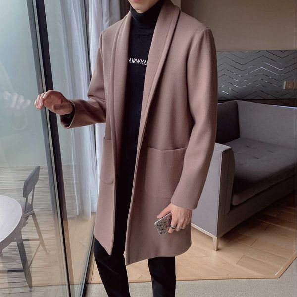 

autumn and winter solid color lapel windbreaker korean medium long woolen men's youth leisure buttonless coat men, Tan;black