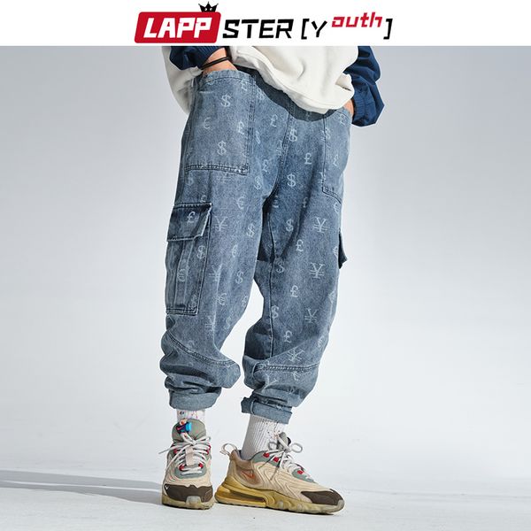 

lappster-youth men japanese streetwear printed denim pants 2020 mens blue jeans fashions pockets joggers male hip hop trousers h1209