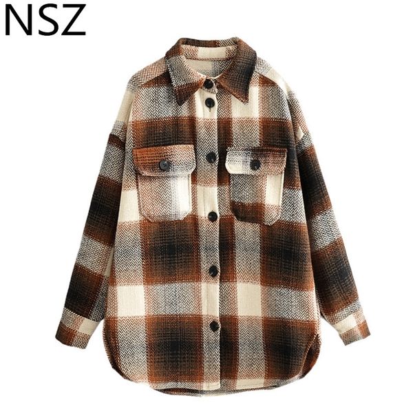 NSZ Frauen Plaid Wolle Bluse Langarm Checked Übergroßes Wollhemd Umdrehen Kragen Dicke Damen Vintage Chic Top Blusa LJ200813