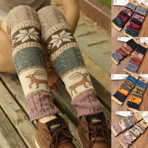 

christmas fawn snowflake socks womens fashion winter knit crochet knitted legging knee high socks1, Black;white