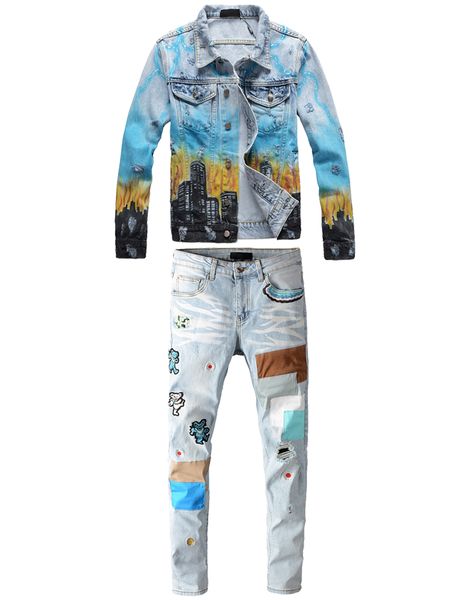 

famous brand blue men's two piece set new dragon print graffiti slim denim jacket + patch hole stretch jeans mens jeans sets, Gray
