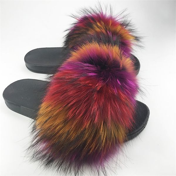 

wholesale real fox slippers kids toldder fur child home slides girl flop flips raccoon fluffy cute flats summer children indoo y200106, Black;grey