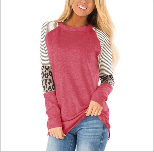 

women's long sleeve striped color block casual leopard patchwork shirts comfy crewneck tunic blouses new, White