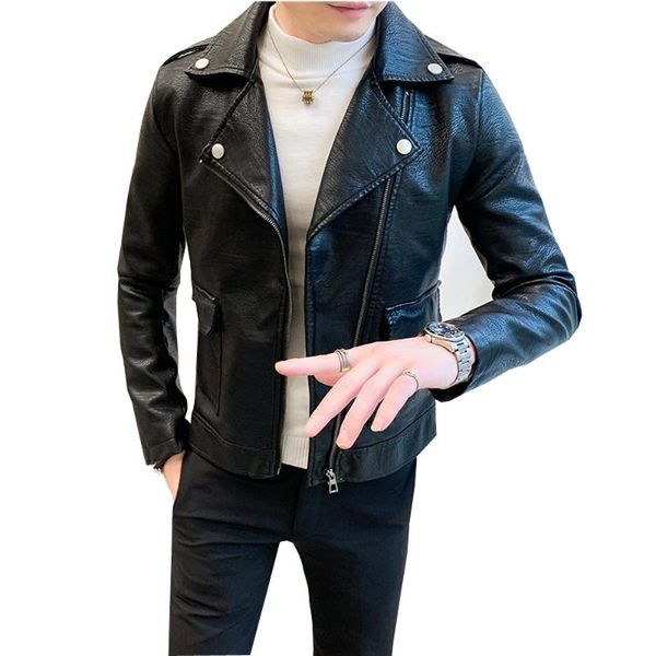 

men's fur & faux personalized pu leather jacket coat multi-zipper large lapel slim handsome locomotive clothing outerwear, Black