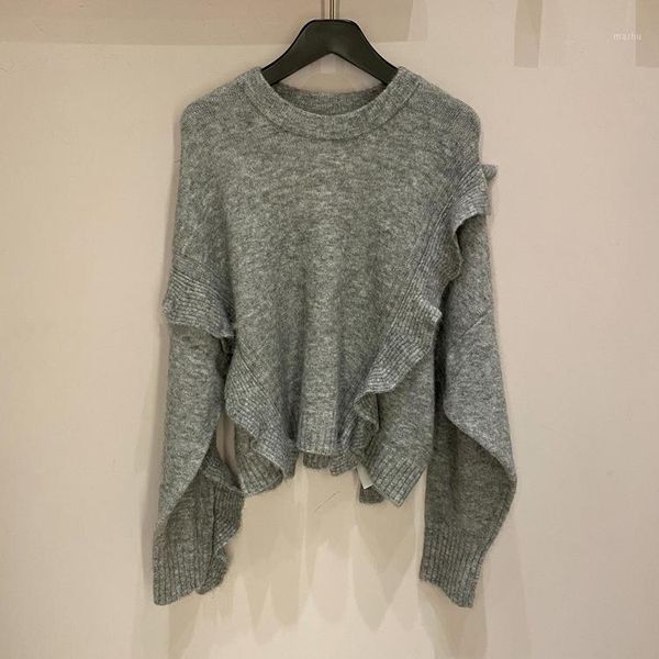 

women sweater 2020 autumn and winter new round neck ruffled long-sleeved wool sweater women1, White;black
