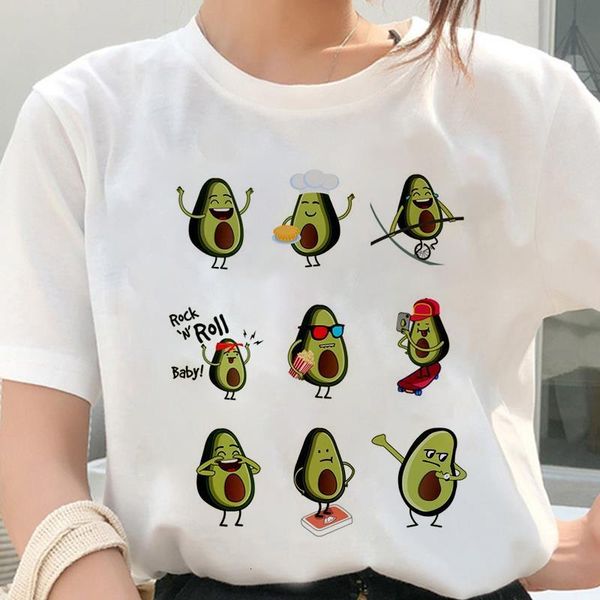

women kawaii cartoon avocado pattern printing t-shirt casual short sleeve female tshirt summer harajuku clothing t shirts, White