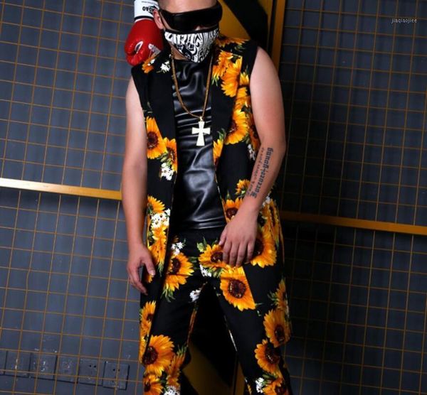 

new art sunflower print long suit vest set summer men singers dj mc stage show costume singer fashion suit -5xl1, Gray