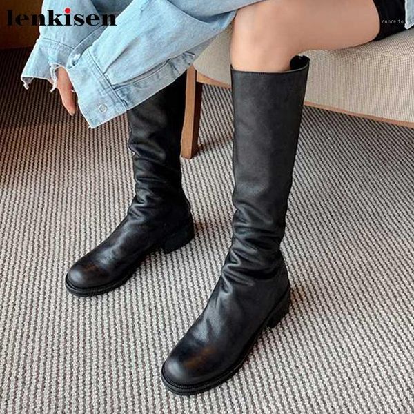 

lenkisen classic fashion concise style soft genuine leather women shoes round toe med heels pleated back zipper winter keep warm black1, Black