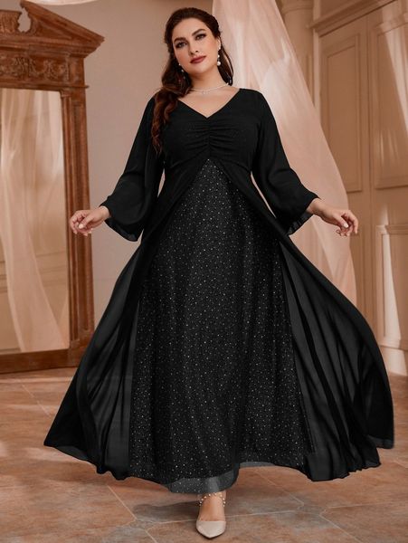 

plus v neck mesh panel maxi dress 85hx#, Black