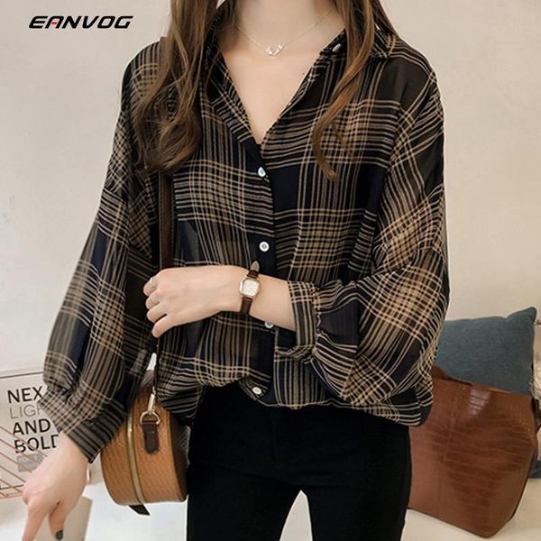 

spring autumn streetwear chic blouse shirts women casual loose batwing sleeve vintage plaid shirt female preppy style loose, White
