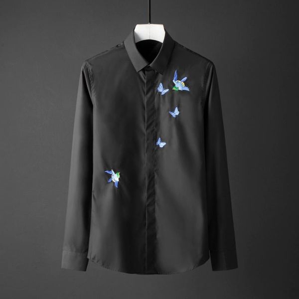 

2020 luxury shirts mens blue butterfly and bird embroidery long shirt sleeve 4xl plus size color solid men shirts fit man slim wklhg, Black