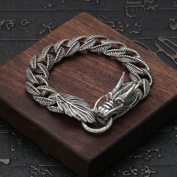 

real 925 sterling silver dragon curb chain bracelet mens biker chain handcrafted retro punk men bracelet bangle, Black