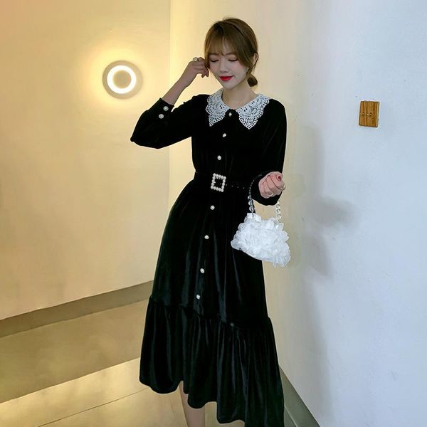 

2020 french retro autumn spring women dress midi velvet patchwork long sleeve fashion female elegant silm peter pan collor, Black;gray