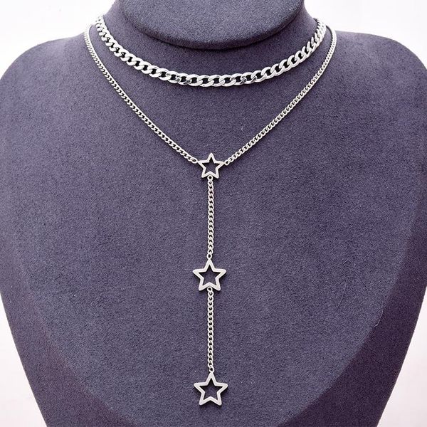 

fashion titanium steel short necklace double five-pointed star tassel accessories thick and thin sweater chain sale, Silver