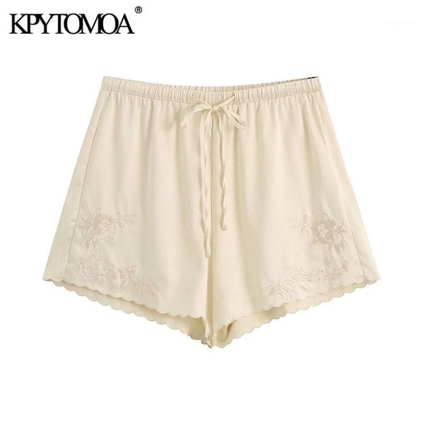 

kpytomoa women 2020 chic fashion lace-trimmed embroidered shorts vintage high elastic waist drawstring female short pants mujer1, White;black