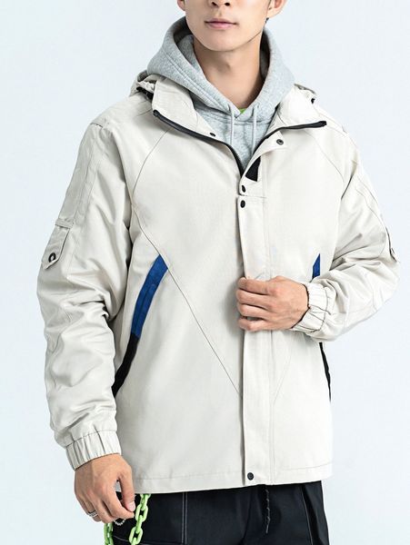 

men contrast tape raglan sleeve drawstring hooded jacket s5mw#, Black;brown