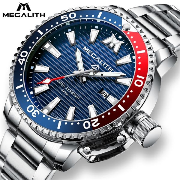 

reloj hombre megalith sport luminous waterproof quartz watches mens full steel military diving calendar wrist watces men 201209, Slivery;brown